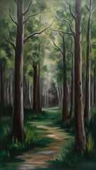 Fototapeta premium Woodland grove painting in deep forest green and soft charcoal