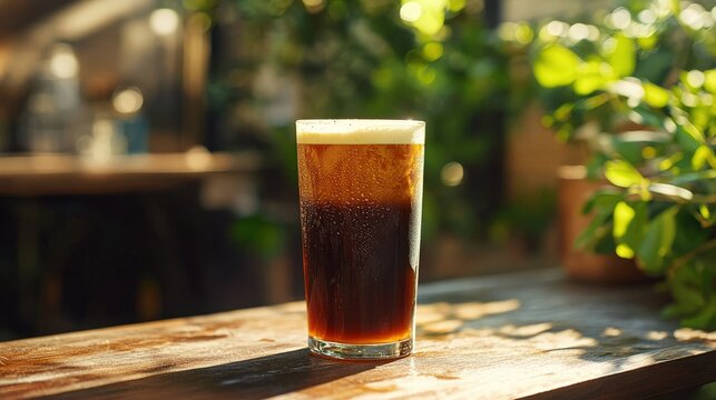 A vibrant outdoor setting featuring a glass of nitro cold brew coffee with condensation on the sides, sitting on a wooden table, the creamy head of foam gleaming in the sunlight