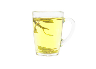 Brewing tea in a transparent tea cup. Isolated on a white background. Dragon Well green tea (Longjing tea).