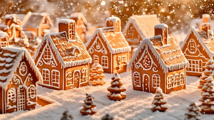 Obraz premium Christmas Gingerbread Village with Cozy Houses, Charming Decorations, and Delightful Details, Evoking a Festive Holiday Spirit and a Magical Sweet Christmas Atmosphere