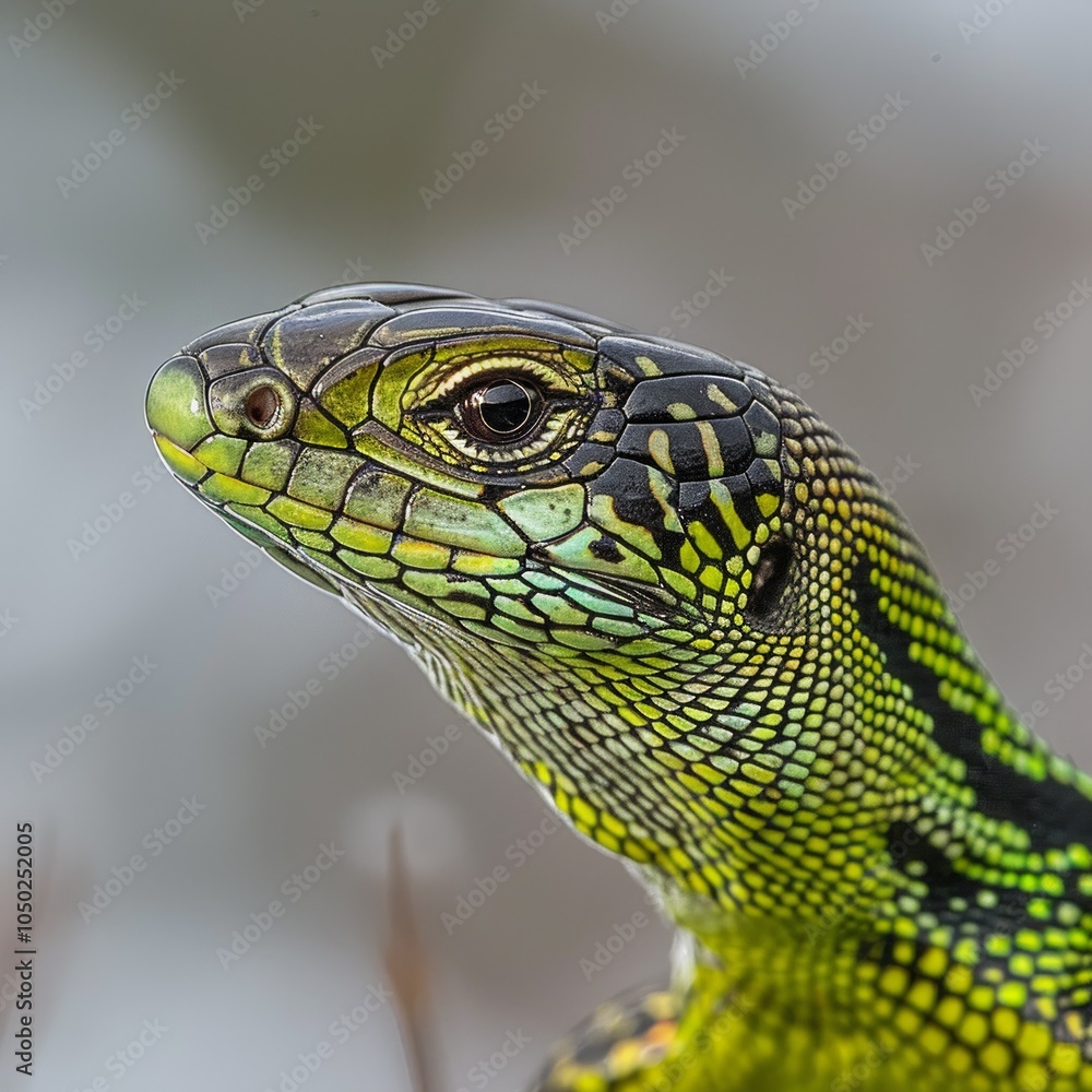 Poster bright green scales characterize the emerald swift lizard as it perches calmly against a soft white 
