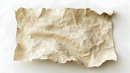 Obraz premium A crumpled piece of old, aged, and worn parchment paper with burnt edges isolated on a white background.