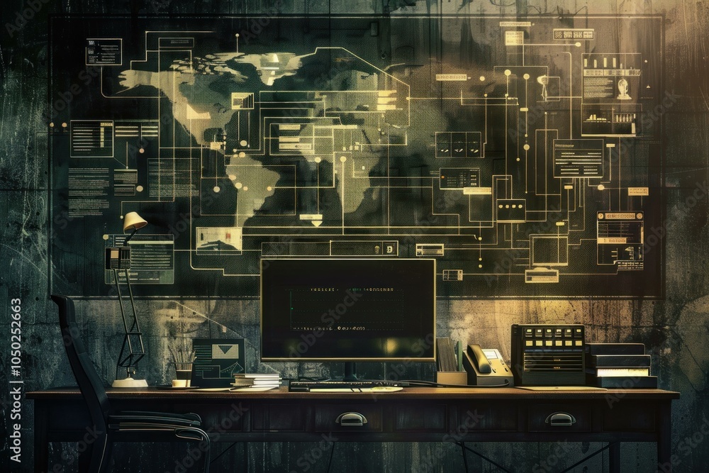 Poster modern office showcasing a global network connecting data points on a digital interface