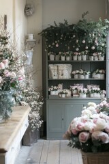 A cozy female-owned florist shop adorned with pastel decorations and holiday cheer during the Christmas season