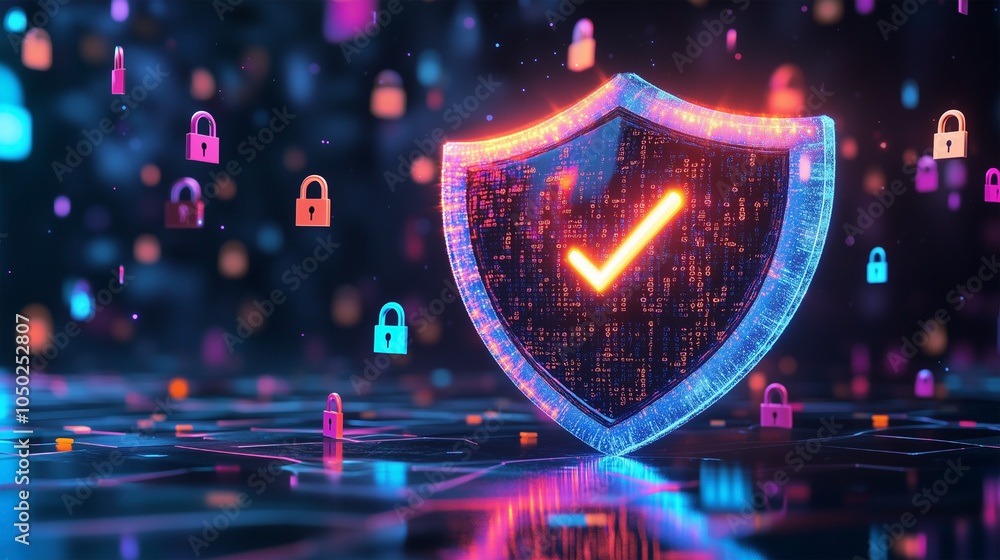 Aufkleber a blue shield with a check mark on it and a bunch of locks around it