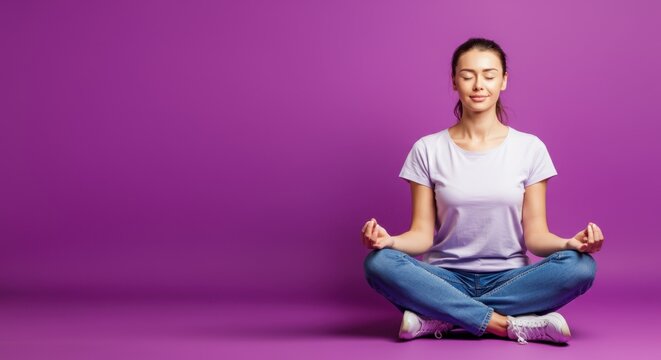 Woman meditating in lotus position on purple background
