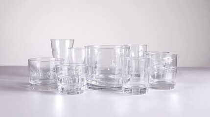 Assorted lab glassware, including beakers and graduated cylinders, filled with clear liquid, isolated on a bright white background.