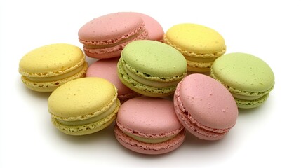 Obraz premium Assorted macarons in pink, yellow, and green, artistically arranged in a circle on a white background, highlighting their bright colors.