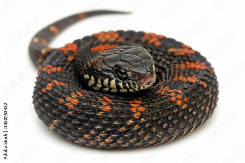 Poster european adder featuring striking zigzag patterns lies still against a smooth white backdrop highlig