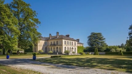Obraz premium A charming view of a French chateau surrounded by meticulously landscaped gardens and a clear blue sky, elegant setting with refined architecture, Chateau style