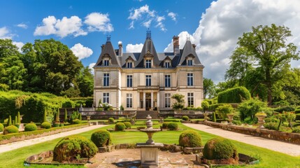 Obraz premium A charming view of a French chateau surrounded by meticulously landscaped gardens and a clear blue sky, elegant setting with refined architecture, Chateau style