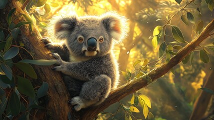 Obraz premium Cuddly Koala Clinging to a Eucalyptus Tree in a Sunlit Forest