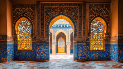 A Stunning Modern Moroccan Inspired Mihrab with Geometric Patterns and Ambient Lighting