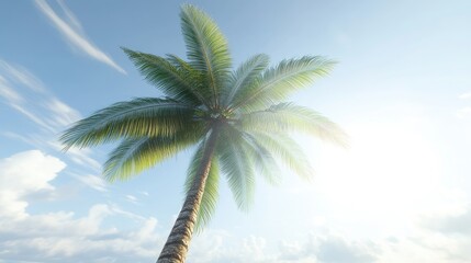 Obraz premium A coconut palm tree with fronds blowing in the wind, set against a bright, cloudless sky, evoking a peaceful tropical atmosphere.