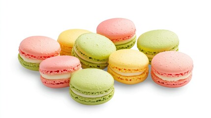 Obraz premium A delightful arrangement of macarons in vibrant shades of green, pink, and yellow, placed against a minimal white background.