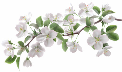 Obraz premium A branch of a blossoming apple tree with white flowers and green leaves.