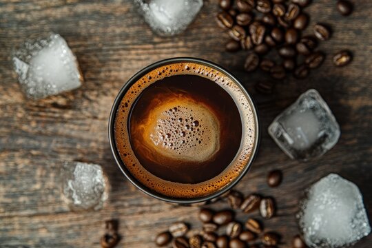 A minimalist shot of a nitro cold brew coffee can, placed on a rustic wooden surface, with ice cubes and coffee beans scattered around