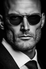 Fototapeta premium A powerful figure in a tailored suit gazes intensely amid the chaos