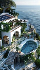 Fototapeta premium Autonomous Mediterranean Villa with Solar Panels Overlooking the Sea