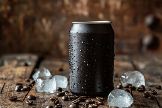 A minimalist shot of a nitro cold brew coffee can, placed on a rustic wooden surface, with ice cubes and coffee beans scattered around