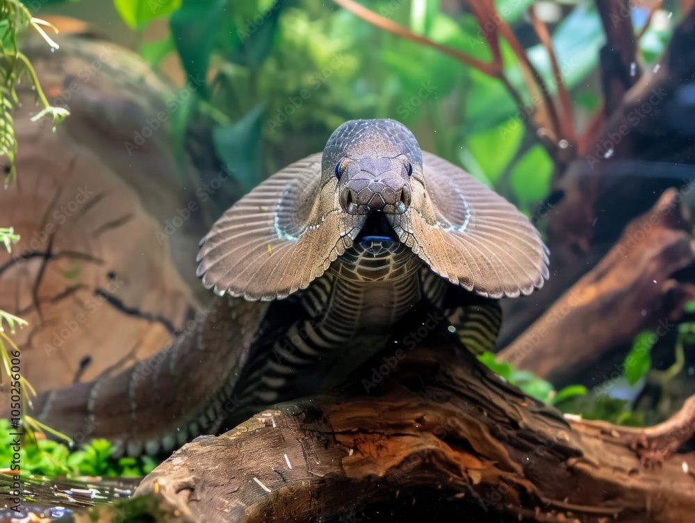 Poster false water cobra is displayed with its hood partially expanded while raised showcasing distinct fea
