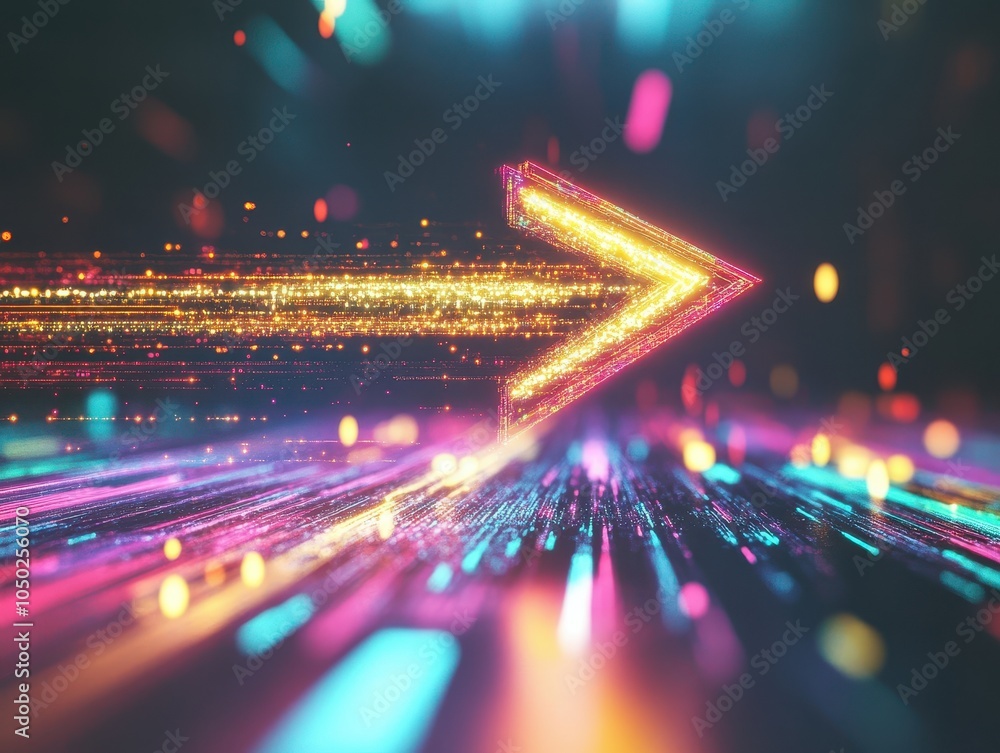 Poster dynamic light trails with a vibrant arrow, showcasing motion and energy in a colorful design.