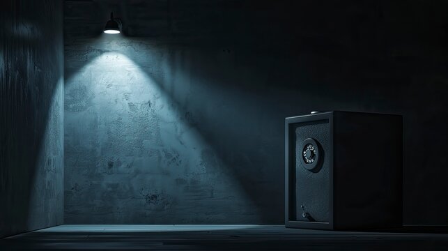 A dark room with a single spotlight illuminating a safe with a dial lock, symbolizing the storage of confidential data, Confidential