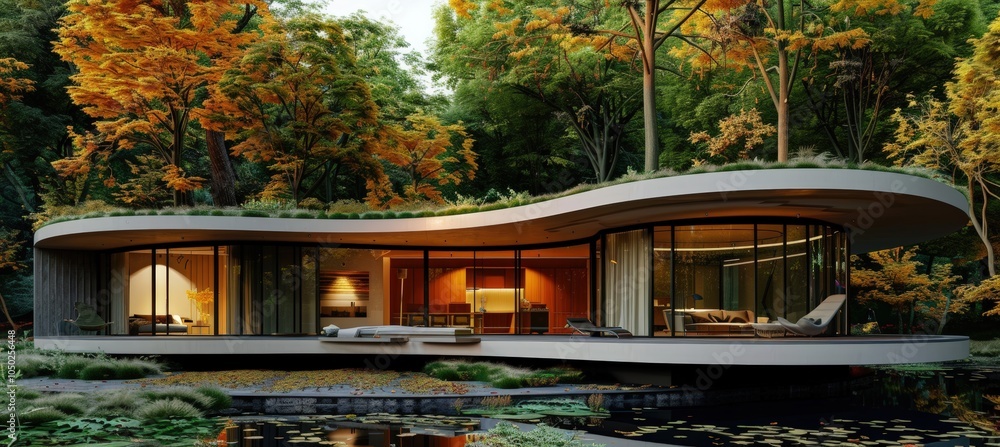 Poster autonomous circular house with smart technology and renewable energy in forest setting