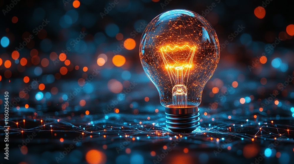 Poster illuminated light bulb with network connections and bokeh lights