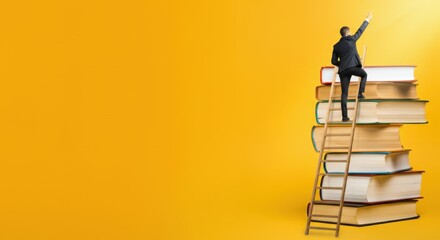 Man in suit climbs ladder against stack of books, reaching upwards
