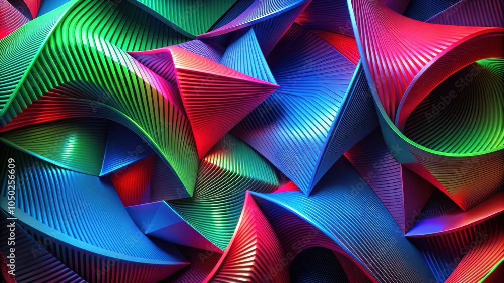 Poster Abstract geometric composition with vibrant red, green, and blue hues, showcasing a complex interplay of lines and curves, creating a captivating and mesmerizing visual experience.