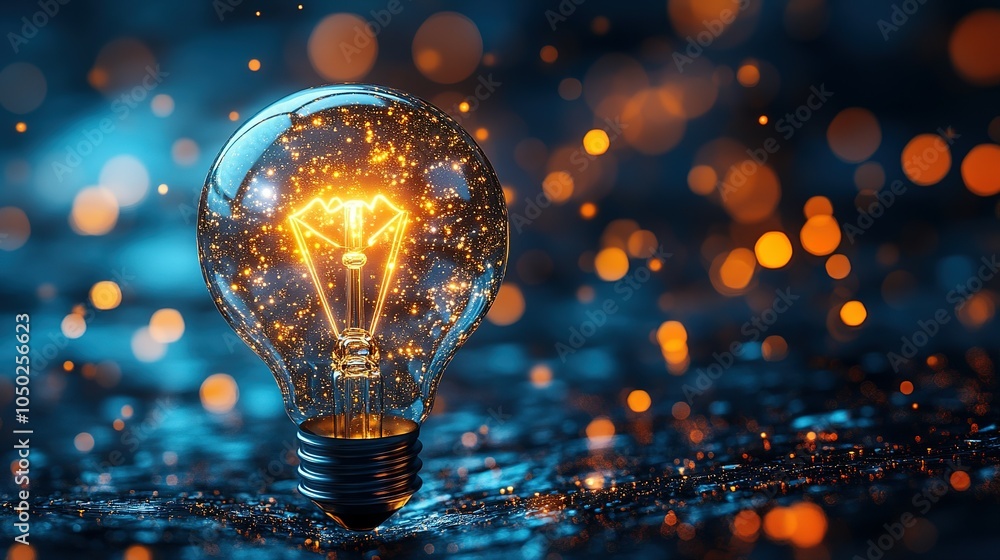 Poster Illuminated Lightbulb with Sparkles Against a Blue and Orange Bokeh Background