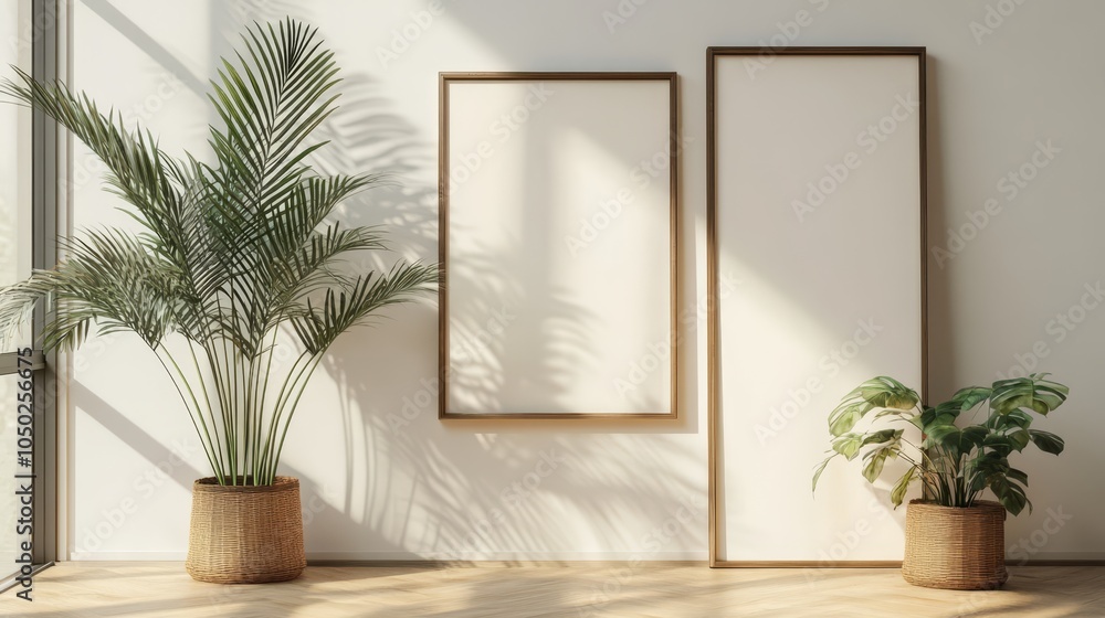 Poster a stylish mockup of empty frames elegantly positioned on the floor near lush greenery, creating a se