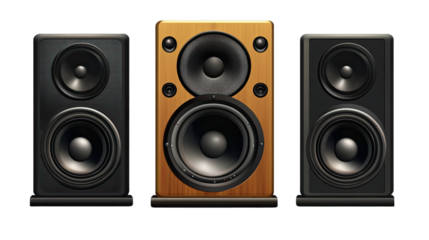 Isolated black audio speakers on a white background, showcasing a hi-fi sound system for music and entertainment