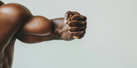 Close-up of a muscular arm with clenched fist, emphasizing strength and power
