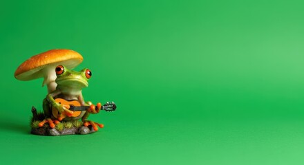 Frog with mushroom hat playing guitar on green background