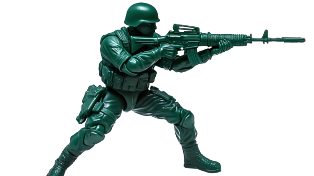 A soldier statue in military uniform holding a rifle, designed as a green toy figure, showcasing elements of war and heroism