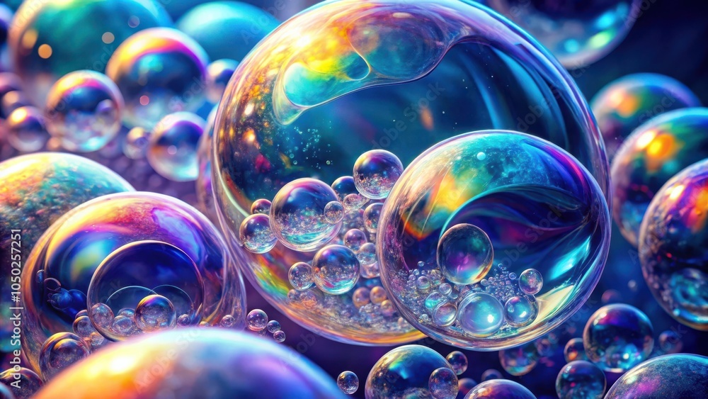 Poster A close-up abstract image of vibrant, iridescent bubbles, revealing intricate patterns of light and color. The bubbles are layered and overlapping, creating a mesmerizing depth and complexity.