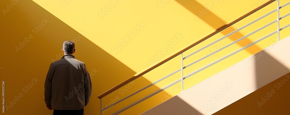 Poster Minimalist Staircase with Shadows - Person Ascending Historic Architecture in Urban Setting