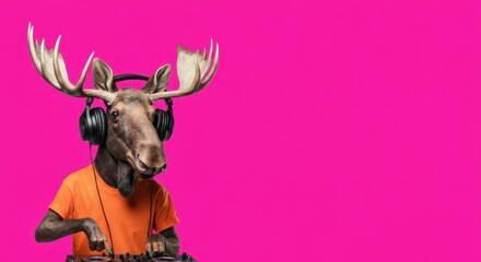 Moose DJ wearing headphones and orange shirt against pink background