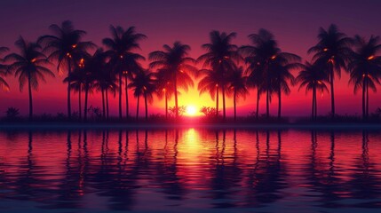 Obraz premium A serene sunset over a calm body of water, framed by silhouetted palm trees.