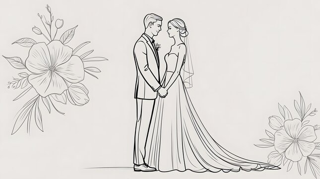 Handdrawn sketch of a  wedding couple, bride,  groom, wedding invitation