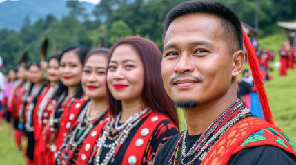 Fototapeta premium Traditional cultural procession with smiling individuals in colorful attire