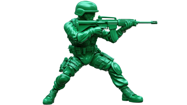 A soldier statue in military uniform holding a rifle, designed as a green toy figure, showcasing elements of war and heroism - Powered by Adobe