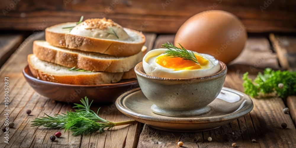 Poster a soft boiled egg served in a bowl with a sprinkling of fresh herbs and a side of toasted bread