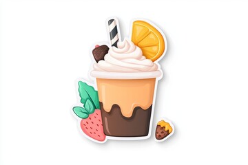 A colorful dessert cup featuring chocolate, whipped cream, and fresh fruits like strawberries and orange.