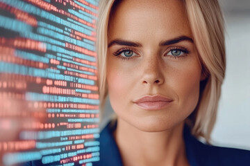 Confident woman with cyber data reflection symbolizing modern digital technology