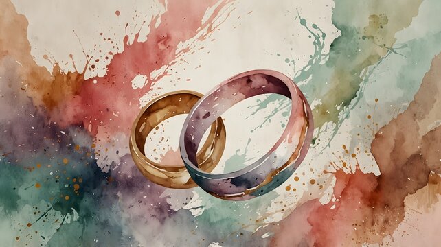 Sketch in aquarell of wedding rings, wedding invitation