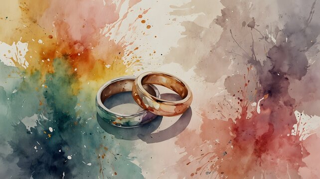 Sketchl of wedding rings, wedding invitation, aquarell