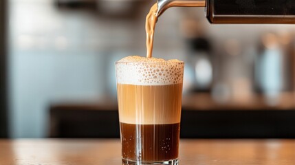 A dynamic view of nitro coffee being poured into a tall glass, with the nitrogen bubbles creating a cascading waterfall effect, and the smooth, creamy foam forming on top